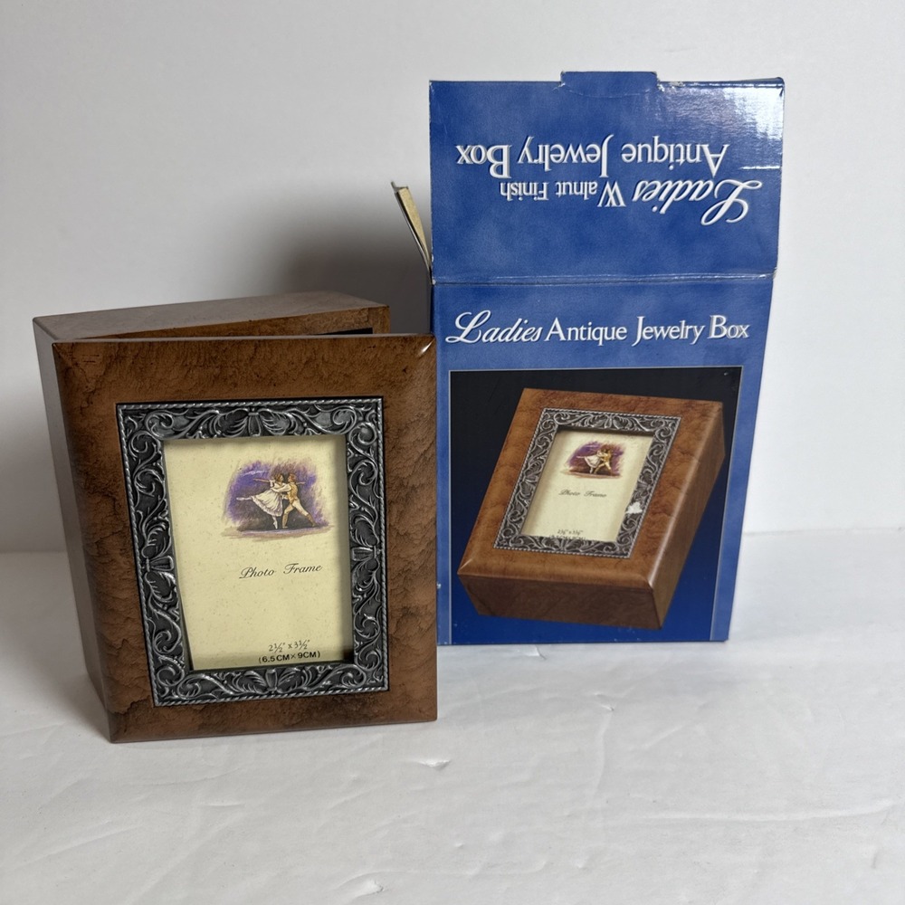 Vintage Jewelry Box With Photo Frame Hinged Walnut Finish 5.5x4.5"